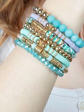 Stacked Aqua & Lavender Beaded Bracelet Set - Gold Accents